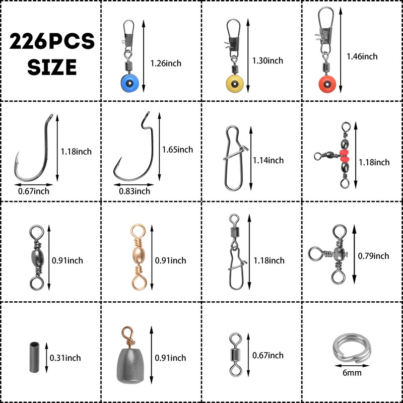 OROOTL Fishing Swivels Snaps Kit 226pcs/Box Barrel Rolling Swivels Snaps