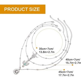 Western Turquoise Layered Chain & Cactus Necklace Set with Silver Bull Head Charm - Boho Brown Suede Choker and Retro Imitation Stone Country Jewelry for Women, Cowgirl Concert Accessories Gifts