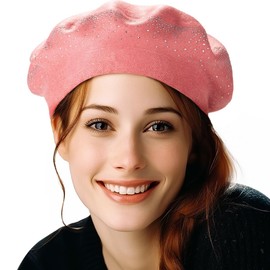 LADYBRO Sombreros de boina con diamantes de imitación para mujer, 2 capas de lana francesa, sombrero cálido de invierno, Rosa Oscuro-44008, Talla única