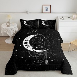 Castle Fairy Mysterious Cat Comforter Set,Bohemian Moon Star Bedding Set Kids Teens Modern Decor,Galaxy Starry Sky Black Comforter with 1 Pillowcase for All Seasons,Twin