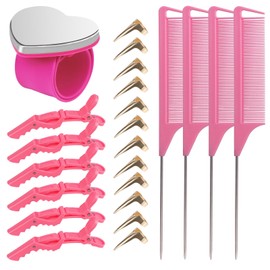 23 Pieces Hair Parting Tools Set, Magnetic Wrist Pin Holder for Braiding, Sectioning Clips, Rat Tail Combs, Hair Parting Rings, Pink