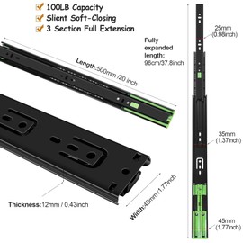 20 inch Soft Close Drawer Slides 6 Pairs Ball Bearing Full Extension Cabinet Drawer Slides 3 fold, Side Mount, 100 LB Capacity Heavy Duty Drawer Slide 20" Black
