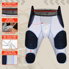 Exxact Sports Combat 7-Pad Adult Football Girdle for Men with Cup Pocket, Padded Compression Shorts with Integrated Pads, Men's Girdle Football (A2XL, White Combat Plus)