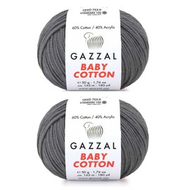 Gazzal Baby Cotton 60% Cotton 40% Acrylic 2 Balls (50g Balls) 165m Soft 2 - Fine Baby Yarn (3450 Grey)