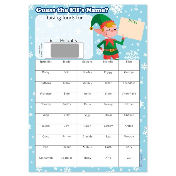 PartiKraft - 2 x A4 Christmas Fundraising - Guess The Elf's Name - Scratch To Reveal Game Card - 50 Boxes