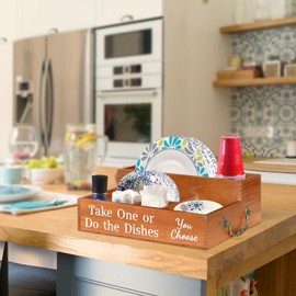 COZYYROME Wooden Paper Plate Dispenser for Counter,Paper Plate Holders with Handles,Paper Plate Caddy Organizer for Parties,Picnic,BBQ,Utensil Holder Organizer for Plate Cup Fork Spoon Napkin (Brown)