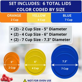 2, 4 & 7 Cup Orange, Yellow, Blue Replacement Lids/Covers for Pyrex, Anchor Hocking & KlareWare Storage Bowls *Lids Only Glass Container Not Included* (6 Pack *Two of Each Size*)