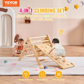 VEVOR Pikler Triangle Set Climber 4 in 1, Montessori Foldable Climbing Set, Large Size Toddler Climbing Toys Indoor with Triangle and Ramp for Kids (Wooden Color)