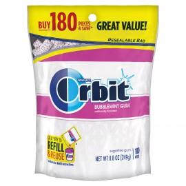 Orbit ORBI BUBBLEMINT SUGAR FREE GUM 8.5oz - RESEALABLE BAG 180PCS -PACK OF 3