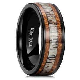 King Will 8mm Black Titanium Ring Sapele Wood Antlers Inlay Wedding Ring High Polished for Women Men Comfort Fit 7