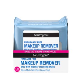 Neutrogena Fragrance-Free Makeup Remover Wipes, Daily Facial Cleanser Towelettes, Gently Removes Oil & Makeup, Alcohol-Free Makeup Wipes, Twin Pack, 2 x 25 ct