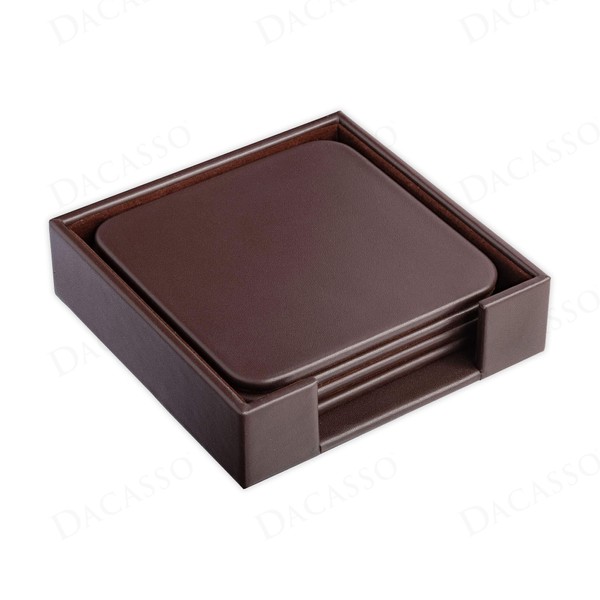 Dacasso Chocolate Brown Leather 4 Coaster Set, Square w/Holder -