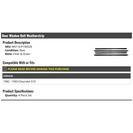 Marketplace Auto Parts Inner and Outer Door Window Belt Weatherstrip 4 Piece Set - Compatible with 1982-1993 Chevy S10