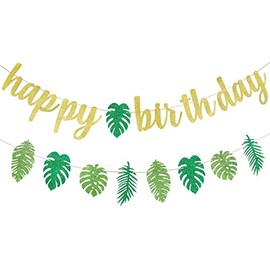Hawaiian Happy Birthday Banner and Tropical Palm Garland Banner, Tropical Happy Birthday Banner Luau Birthday Banner for Hawaiian Luau Tropical Theme Birthday Party Supplies