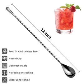 2 Pcs 12 Inches Bar Spoon, Long Handle Mixing Stirrers for Drink, Stainless Steel Bar Cocktail Shaker Spoon (Black)