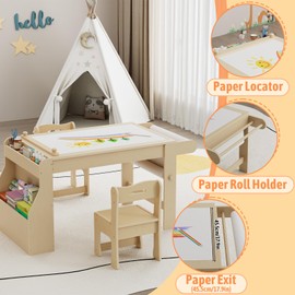 Kids Art Table with 2 Chairs, Kids Craft Table with Storage, Wooden Activity Desk for Toddler Crafts, Drawing Learning Desk with Storage, Paper Roll, Chairs, Gifts for Boys and Girls