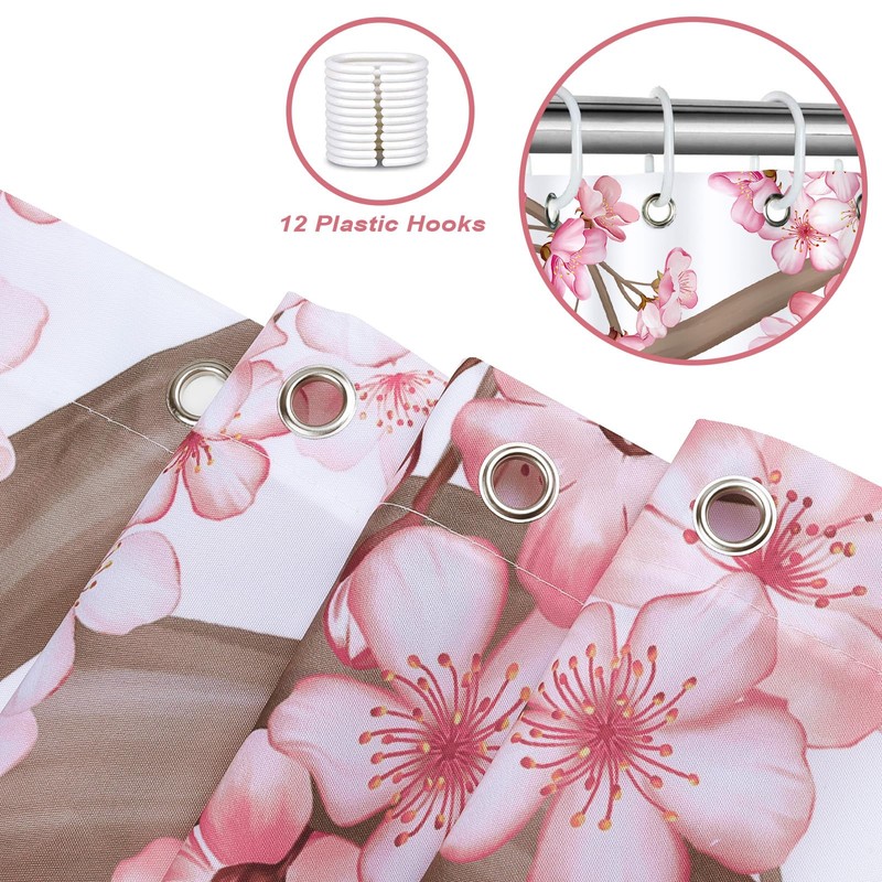 COZZSNUGE Pink Cherry Blossom Shower Curtain, Japanese Sakura Floral Birds