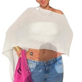 Women Sheer Poncho Top Knit Crochet Lightweight See Through Shawl Summer Shrug Beach Cover Up White