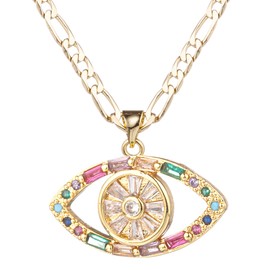 yipima Evil Eye Necklace for Women 14K Gold Plated White Color Cubic Zirconia Inlay Evil Eye Pendant Necklace 3mm Figaro Chain Necklace 18/22 inches, Copper, Cubic Zirconia