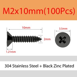 ORANXIN M2 x 10 mm, 100 pieces, 304 stainless steel, black galvanised, cross countersunk head wood screws, self-drilling, small screws, flat head, self-tapping screws