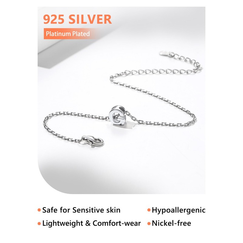 Silvora S925 Sterling Silver Initial Letter Bracelet, Meaningful Initial Bracelet