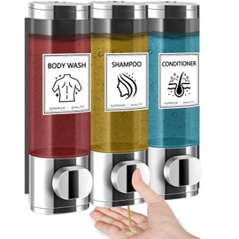 Volufia Shower Dispenser 3 Chamber No Drill, Shampoo Dispenser for Shower Wall, Shampoo and Conditioner Dispenser, Shower Soap Dispenser Bathroom 3x300ML, Silver