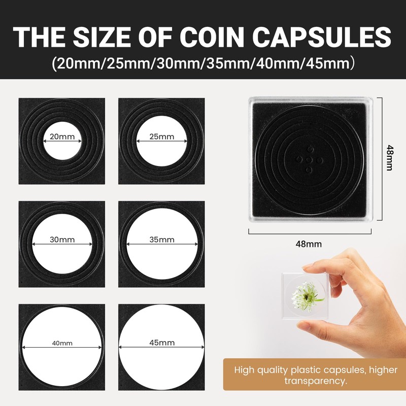Coin Storage Box, 40 Pieces 45mm Coin Capsules with Foam