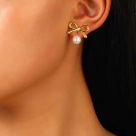 Christmas Bow Earrings Pearl Bow Earrings Dainty Bow Earrings Rhinestone Pearl Ribbons Bow Earrings Christmas Earrings Bow Earrings for Christmas Party Holiday Jewelry Gifts for Women Gifts 2024