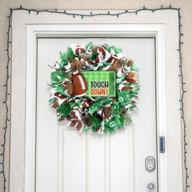 Football Wreath 16 Inch Touch Down Green Wreath for Front Door Football Party Favors Decorations Ribbon Mesh Linen Wreath for Game Day Sport Theme Door Decoration for Birthday Party