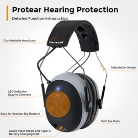 PROTEAR Hearing Protection with Bluetooth,Noise Reduction Headphone 30dB SNR,Rechargeable Battery Safety Earmuffs,Work Headsets for Lawn Mowing,Woodworking(Gray)