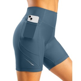 Bikewa Women's 4D Padded Bike Shorts High Waist Cycling Underwear for Women Road Bicycle Biking Biker Shorts with Zipper Pockets(Blue Grey,L)