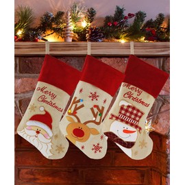DEJU Christmas Stockings Set of 3, Santa, Snowman & Reindeer, 17" Classic Holiday Decoration and Gift Holder
