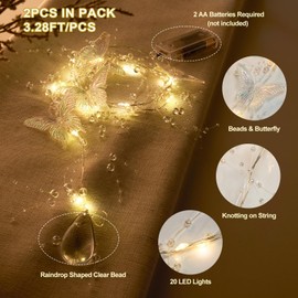 AdasBridal Iridescent Butterfly Fairy Lights, 3.28ft LED Lights Battery Operated, 3-8mm Artificial Beads Mixed 4 Butterflies String Light for Indoor Bedroom Christmas Wedding Party Dorm (2pcs)