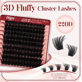 Fluffy-Cluster-Lashes 220D Individual-Lashes, Higu clace 12-20mm Thick Lash-Clusters D Curl Long Lash, Reusable Russian Individual-Eyelashes Clusters DIY Lash Extension at Home (220D 12-20)
