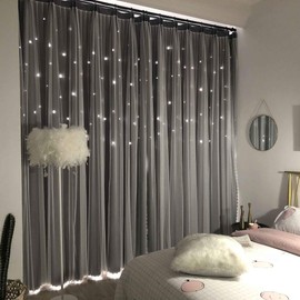 UNISTAR 2 Panels Stars Blackout Curtains for Bedroom Girls Kids Baby Window Curtain Double Layer Star Cut Out Aesthetic Living Room Decor Wall Home Decorations Curtain,W52 x L63 Inches,Grey