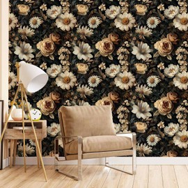 LaiTique Vintage Floral Peel and Stick Wallpaper, Dark Botanical Wallpaper for DIY Home Decor | Self Adhesive Vinyl 17.7in x 118in