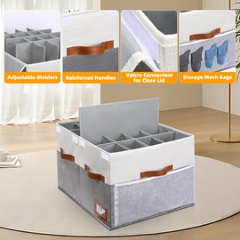 Supowin Shoe Organizer for Closet, 2 Pack Foldable Shoe Storage Bins with Lid & Adjustable Dividers, Fabric Shoe Box Storage Containers with Four Reinforced Handles, Fits 16-32 Pairs, Grey