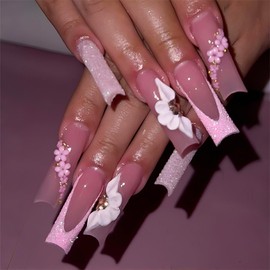 RUOKEXIN Square Press on Nails Long Fake Nails Pink Glitter False Nails with 3D Flower Designs French Tip Nail Press ons Sparkly Acrylic Artificial Nails for Women 24Pcs