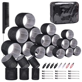 Hair Rollers Set 40 PCS, Hair Roller For Long & Short Hair, Velcro Hair rollers, Rollers hair curlers with 18 Self Grip Black Rollers, 16 Hair Clips, 1 Rat Tail Combs&Waterproof storage bag