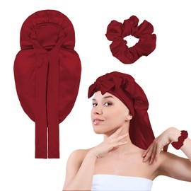 KufaerBeam Long Satin Bonnet for Women, Extra Large Satin Sleep Cap with Tie Band and Scrunchies for Women and Girls Curly Hair (WineRed)
