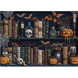 Rompecabezas de estantería de Halloween para adultos, 1000 piezas, desafiante rompecabezas de biblioteca gótica clásico con calabazas, calaveras, velas, murciélagos y telarañas, rompecabezas de arte