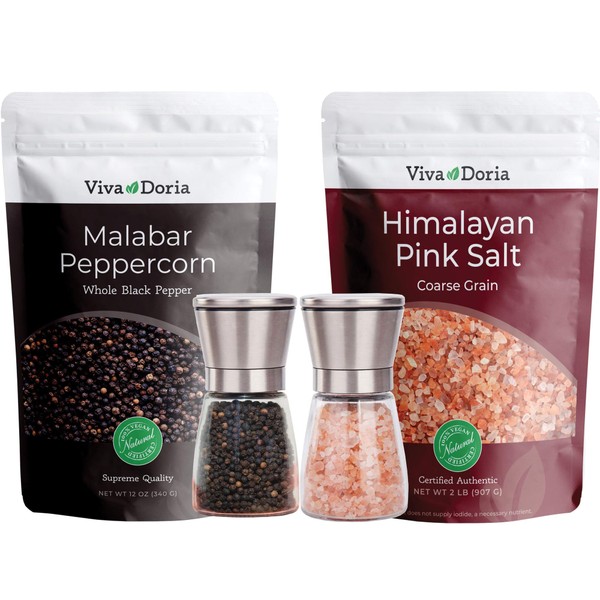 Viva Doria Malabar Peppercorn (Whole Black Pepper) 12 oz and Himalayan Pink Salt (Coarse Grain) 2 lbs + Set of 2 Premium Stainless Steel Salt & Pepper Grinder with Adjustable Coarseness.