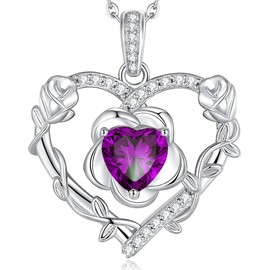 AGVANA February Birthstone Jewelry Amethyst Necklace for Women Sterling Silver Heart Rose Flower Pendant Necklace Anniversary Birthday Gifts for Women Mom Wife Her