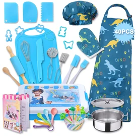 42-Piece Kids Cooking Set - Real Knife, Baking Set, Pots & Pans, Pretend Play Toys - Apron & Chef Hat for Boys
