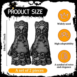 Black Lace Fingerless Gloves for Women, Gothic Short Wrist Covers for Sunblock, 1920s Tea Party Lace Gloves for Vampire Costume, Wedding, Opera, Prom, Goth Cosplay Clothes Accessories, One Size