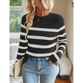 ZESICA Women's Long Sleeve Lightweight Striped Tops Fall Crewneck Ribbed Knit Loose Shirts 2025 Trendy Clothes,Black,X-Large