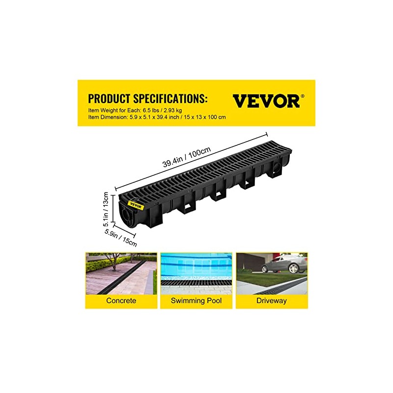 VEVOR Trench Drain System with Plastic Grate, 5.9x5.1-Inch HDPE Channel