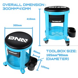 DNA MOTORING Round Mechanics Roller Seat Creeper Stool with Padded Cushion, Tool Storage Drawer & Tray, 300 Lbs Max Weight Capacity, Blue, TOOLS-00492