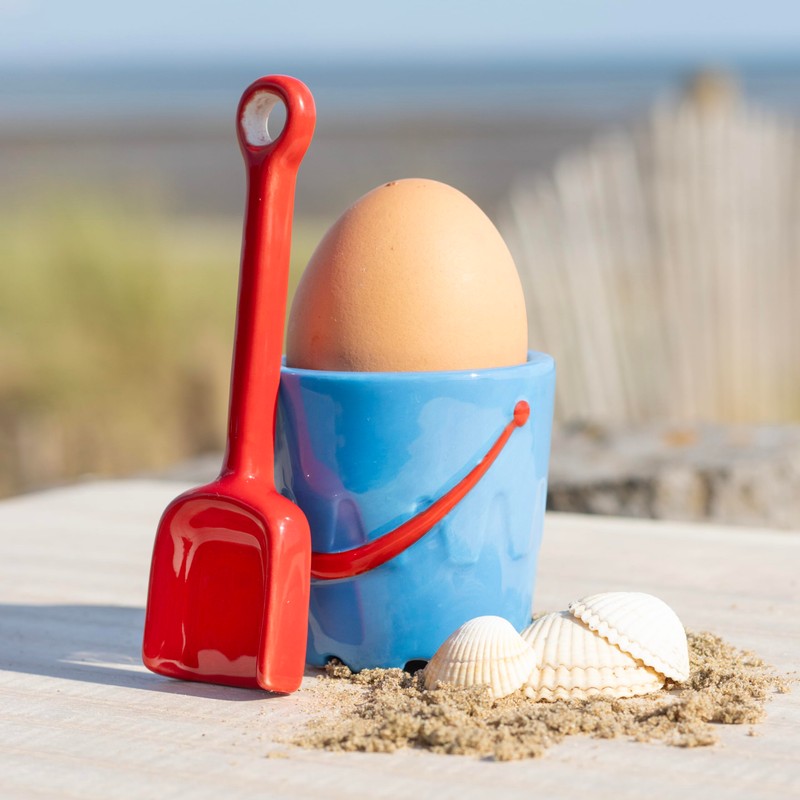 Seaside-Inspired Ceramic Sandcastle Egg Cups Set with Beach Bucket and