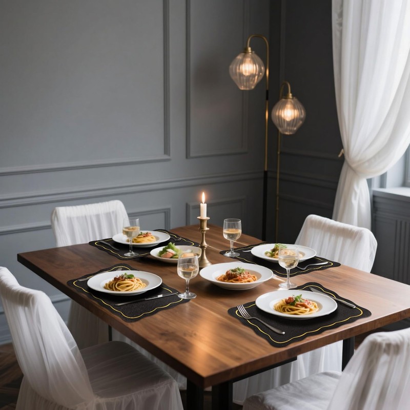 Stranthother Black and Gold Scalloped Leather Placemats Set of 6